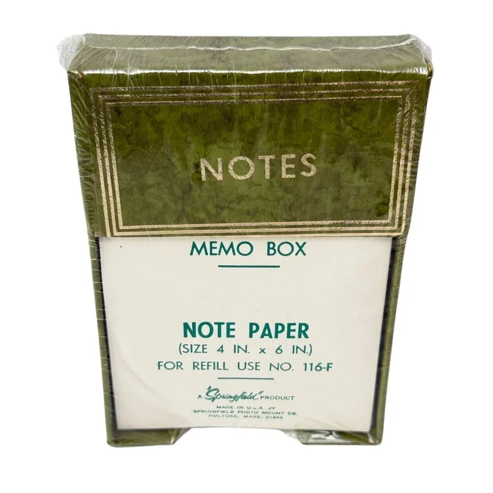 Vintage Memo Box Note Holder Green Springfield Stationery 4x6 Desk Accessory NOS